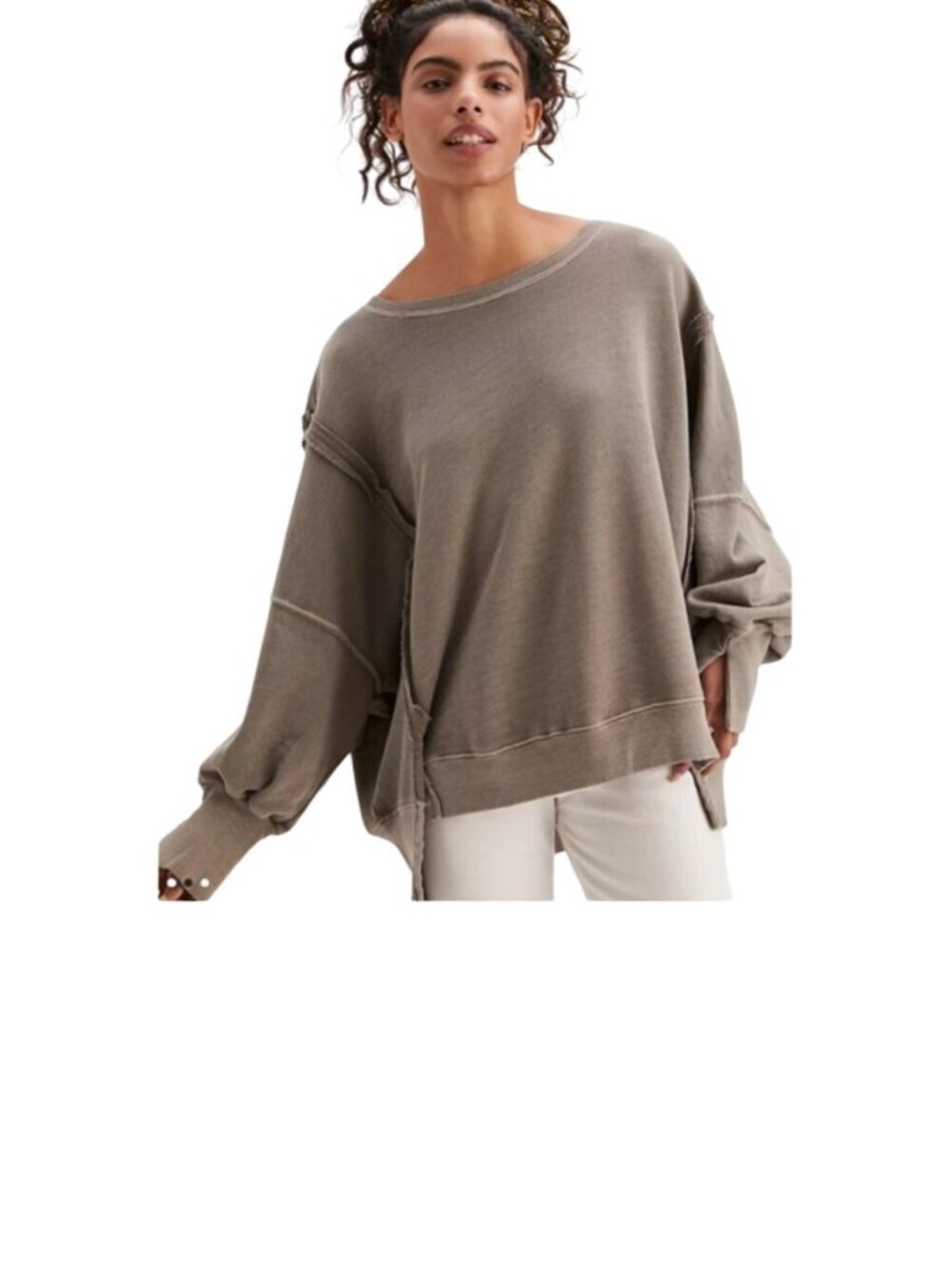 Free People Camden Slouchy Sweatshirt Raw Edges Side Slits Sage Green Boxy Med